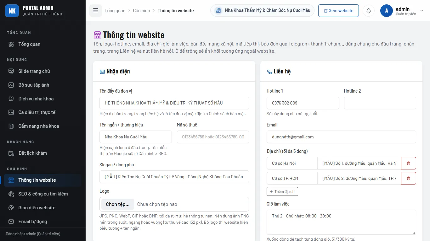 Màn quản trị Thông tin website