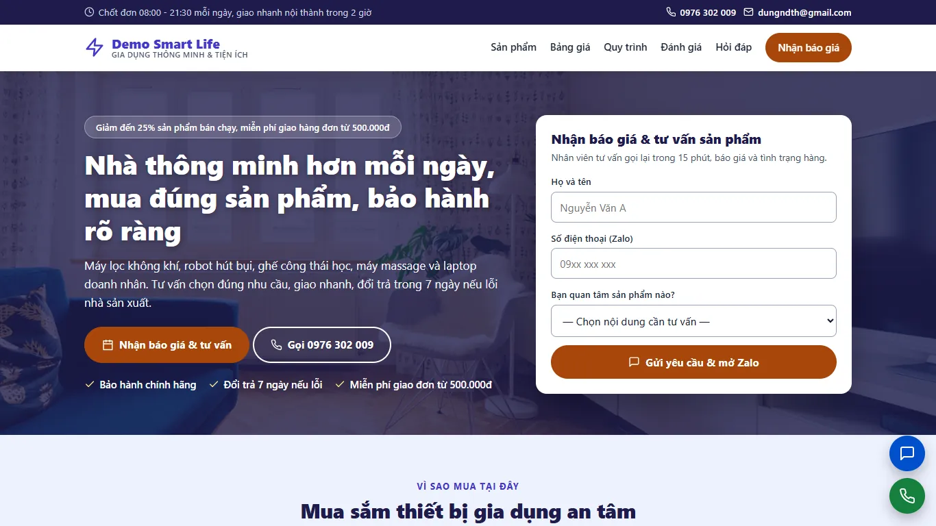 Ảnh chụp Landing page Gia dụng thông minh & Tiện ích