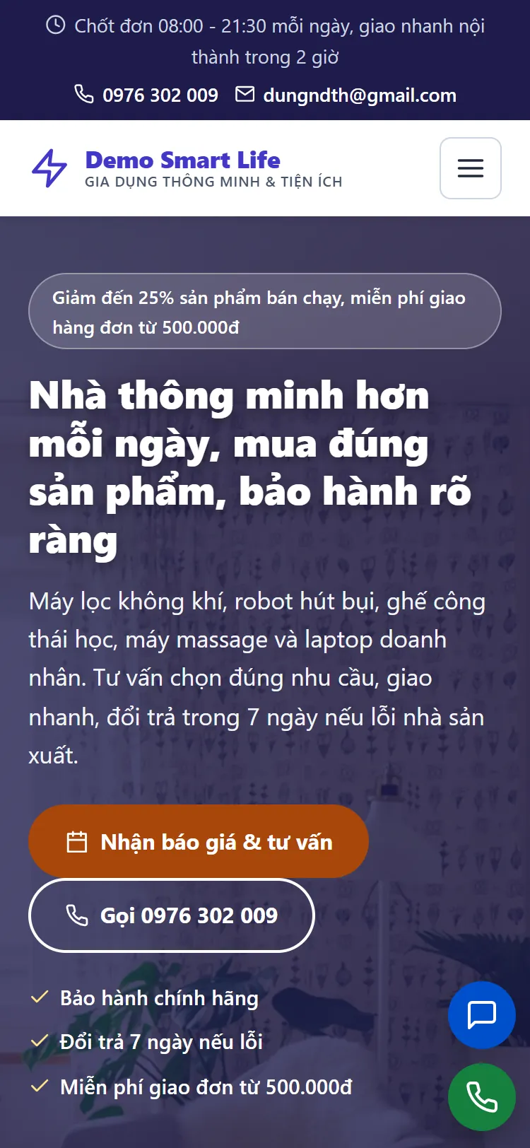 Landing page Gia dụng thông minh & Tiện ích – Trang chủ (điện thoại)