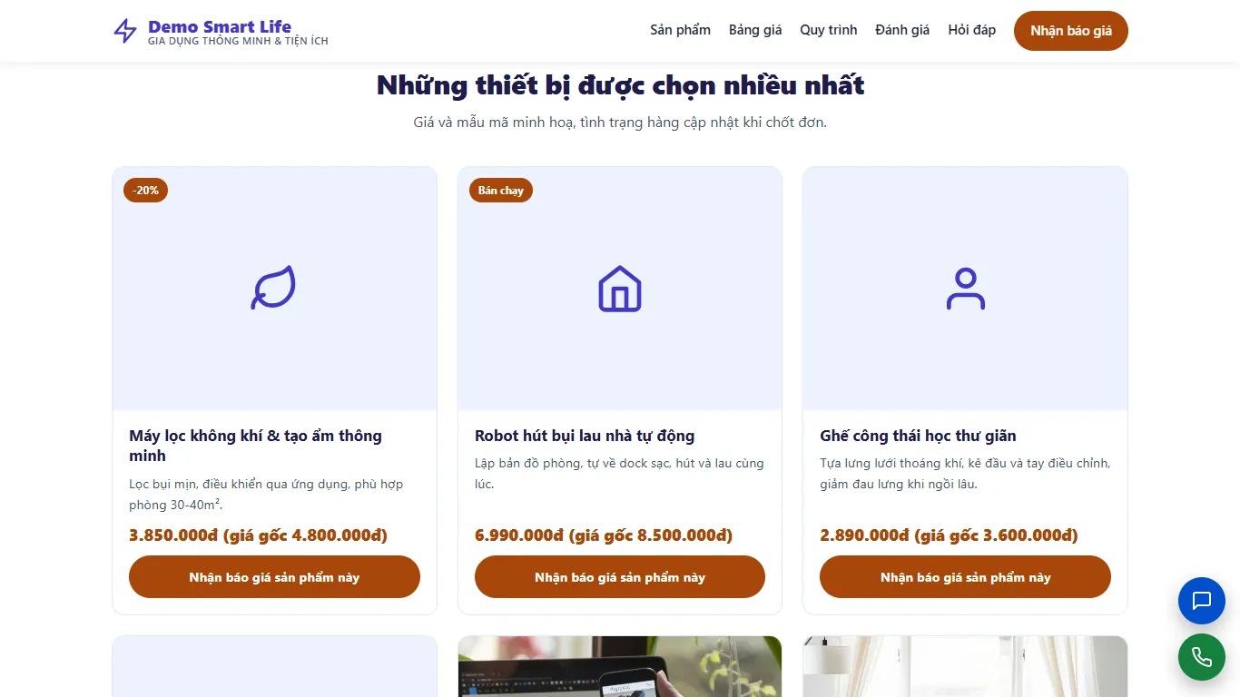 Landing page Gia dụng thông minh & Tiện ích – Khối nội dung (máy tính)