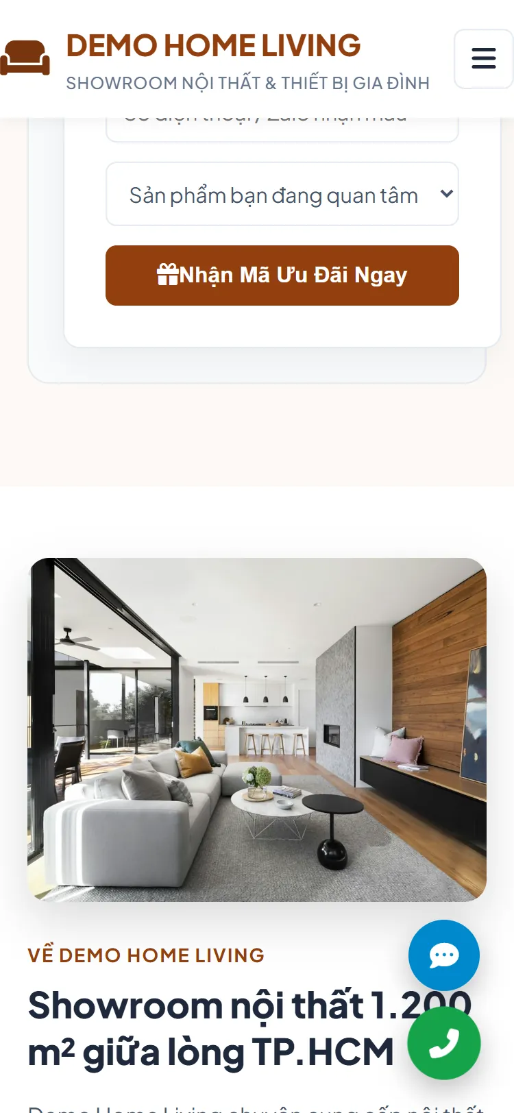 Landing page Showroom nội thất & gia dụng – Form nhận yêu cầu (điện thoại)
