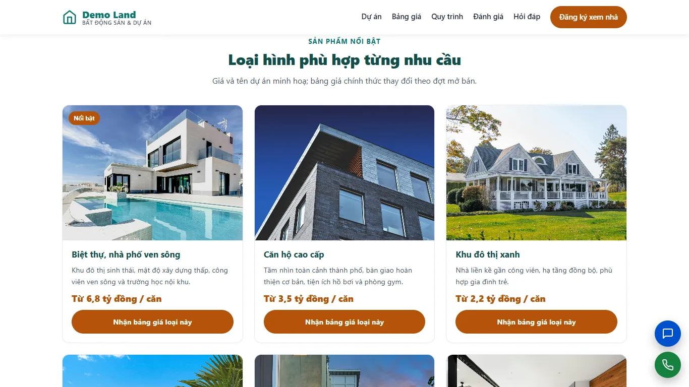 Landing page Bất động sản & Dự án – Khối nội dung (máy tính)