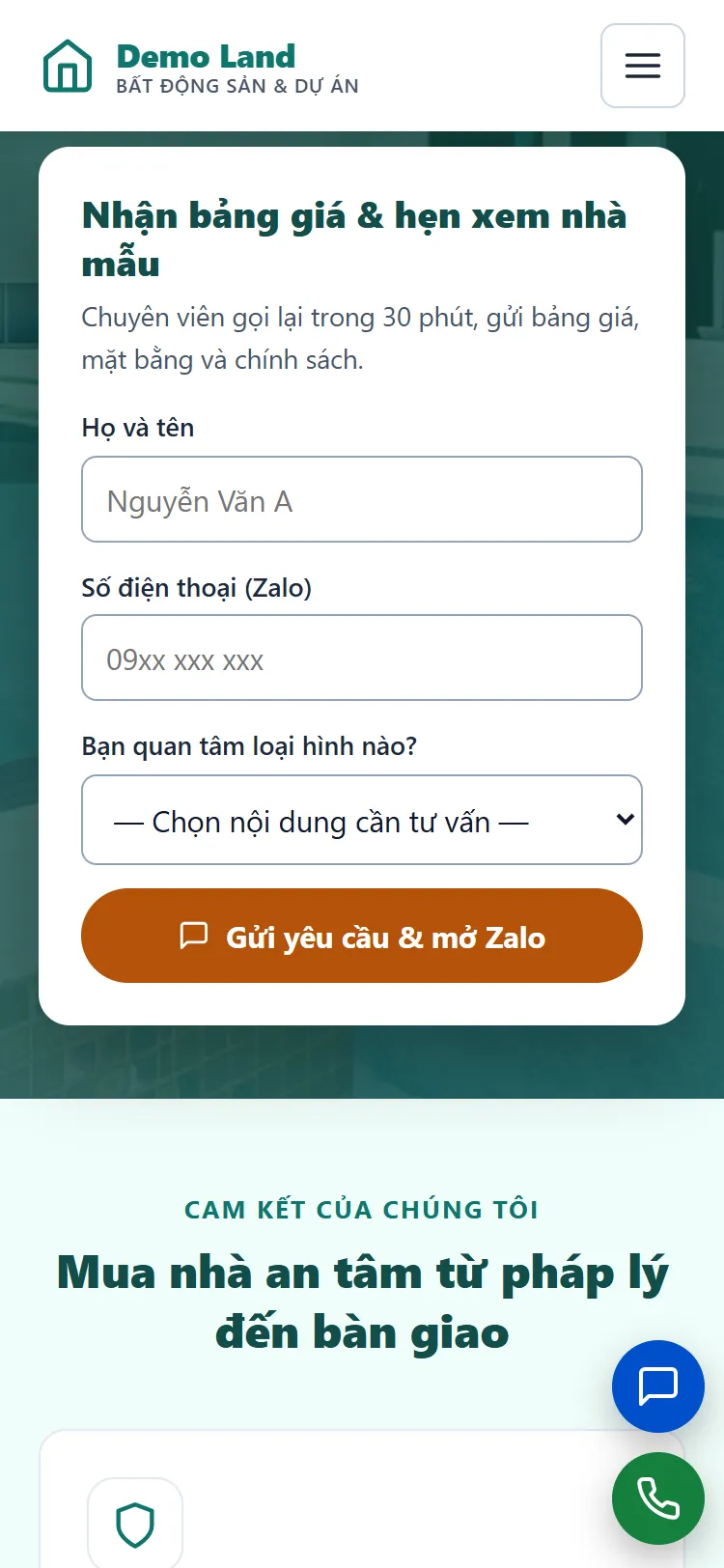 Landing page Bất động sản & Dự án – Form nhận yêu cầu (điện thoại)