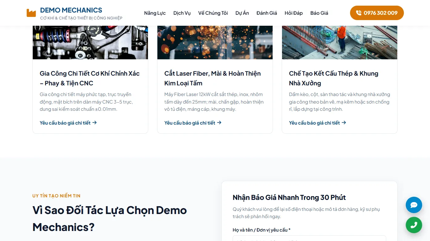Landing page Xưởng cơ khí & gia công – Năng lực máy móc và quy trình nhận đơn (nội dung mẫu)