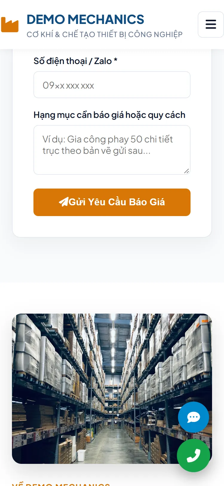 Landing page Xưởng cơ khí & gia công – Form gửi yêu cầu báo giá