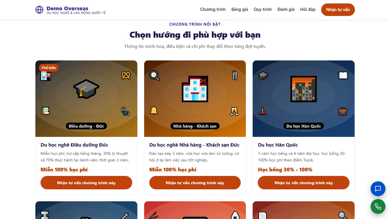 Landing page Du học nghề & Lao động quốc tế – Khối nội dung (máy tính)