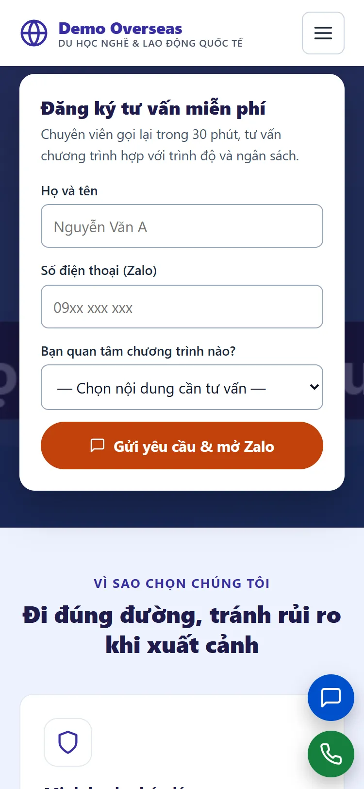Landing page Du học nghề & Lao động quốc tế – Form nhận yêu cầu (điện thoại)