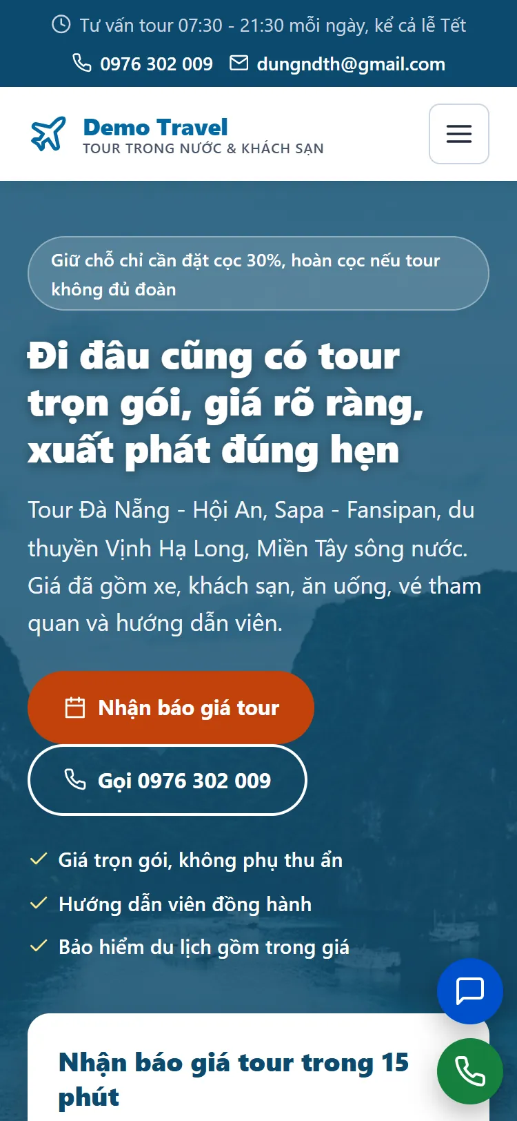 Landing page Tour & Du lịch – Trang chủ (điện thoại)