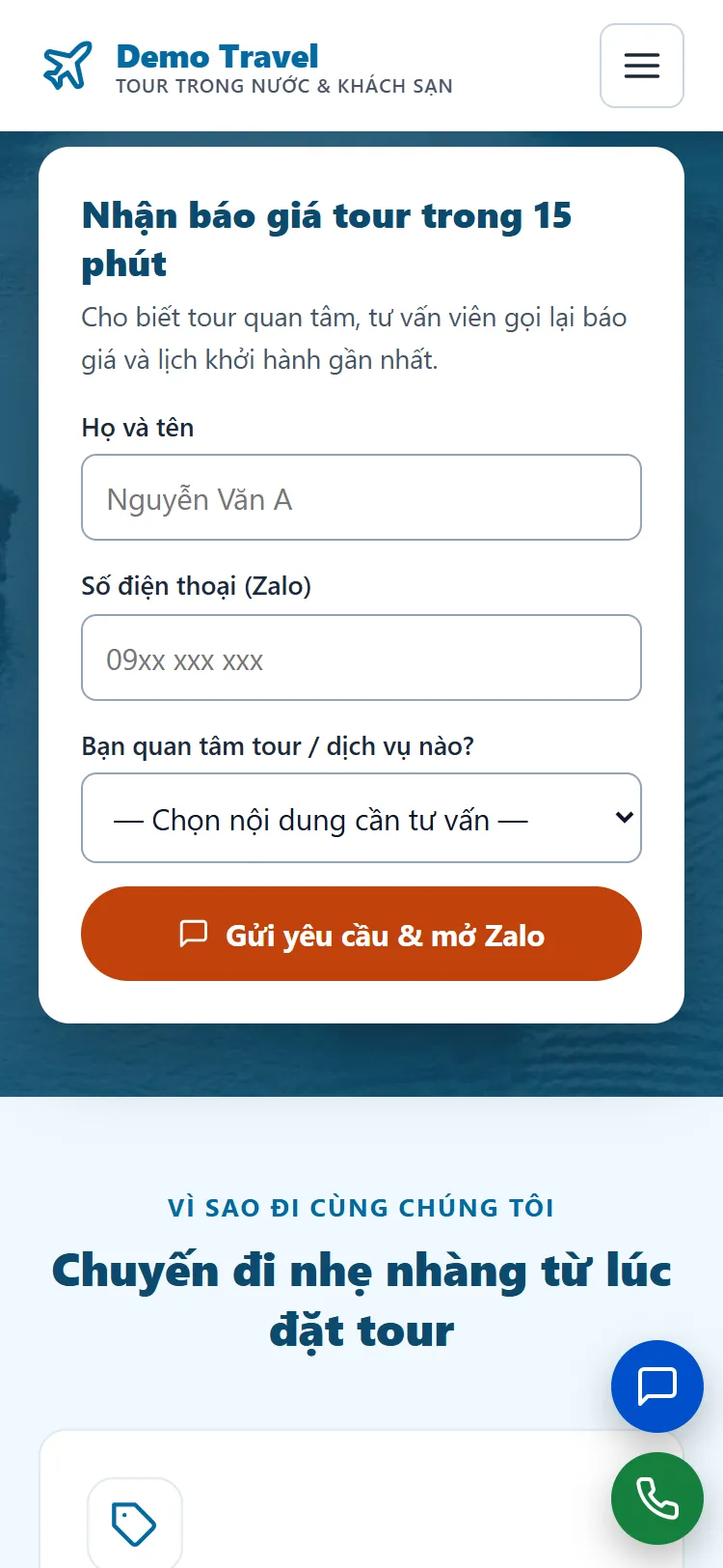 Landing page Tour & Du lịch – Form nhận yêu cầu (điện thoại)