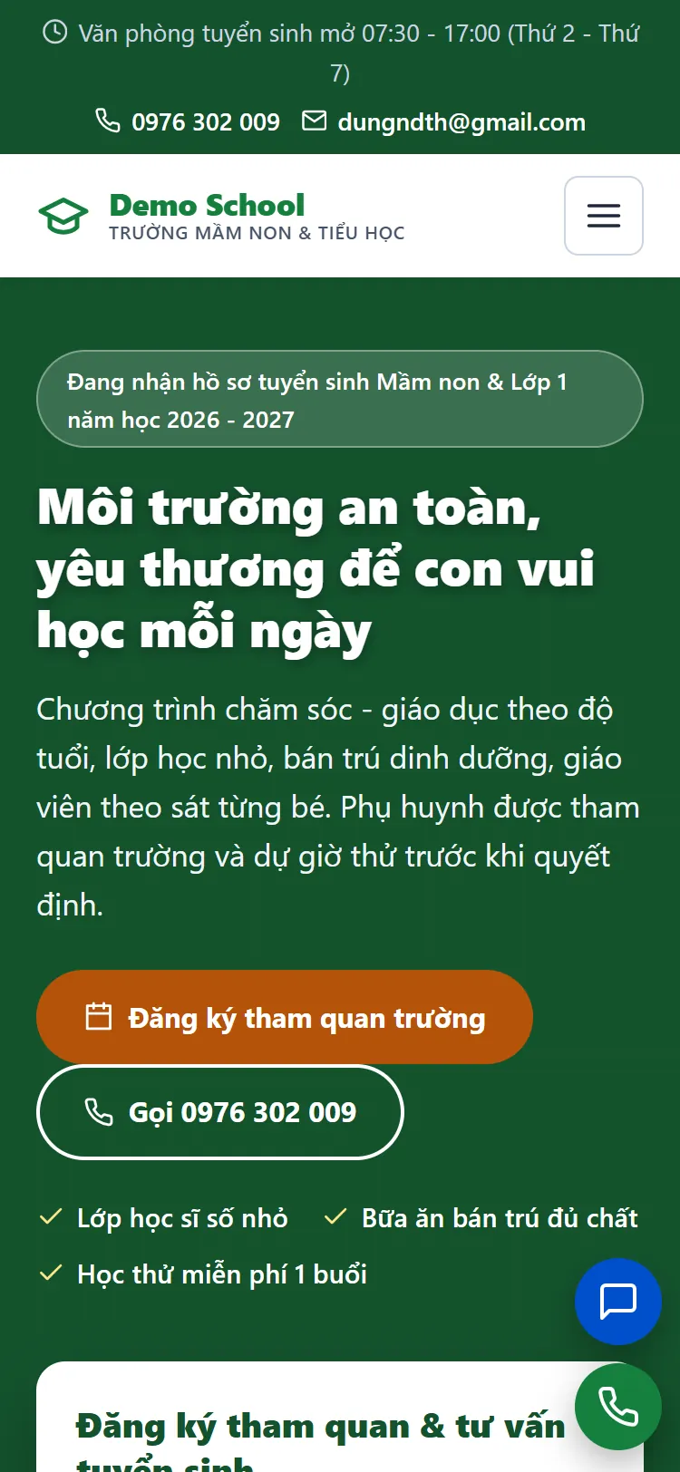 Landing page Trường mầm non & tiểu học – Trang chủ (điện thoại)