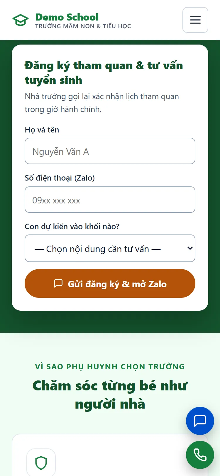 Landing page Trường mầm non & tiểu học – Form nhận yêu cầu (điện thoại)