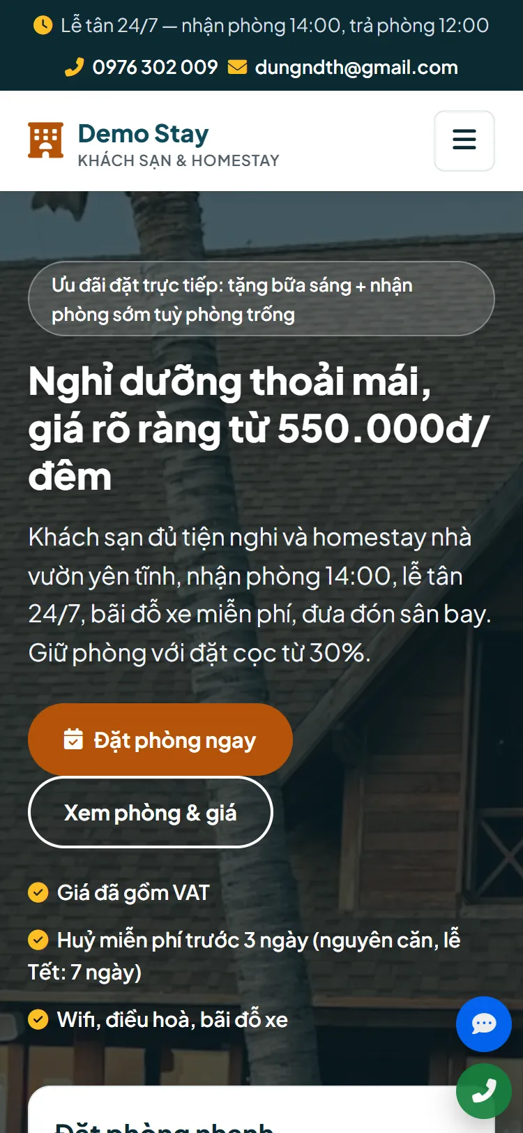 Landing page Khách sạn & Homestay – Trang chủ (điện thoại)