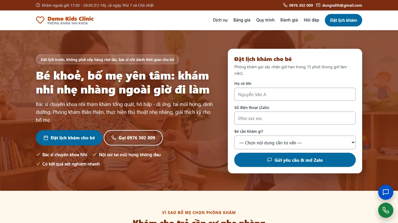 Ảnh chụp Landing page Phòng khám Nhi khoa