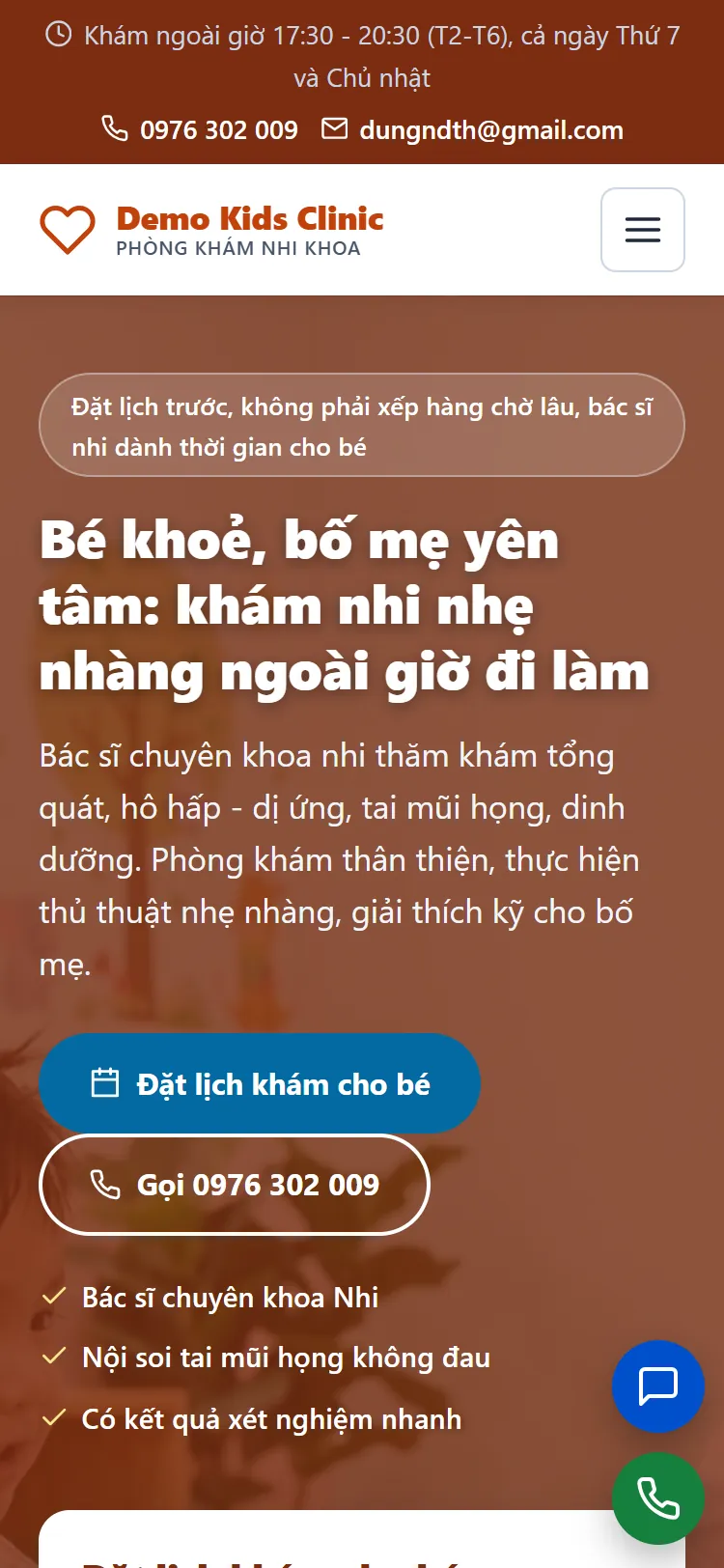 Landing page Phòng khám Nhi khoa – Trang chủ (điện thoại)