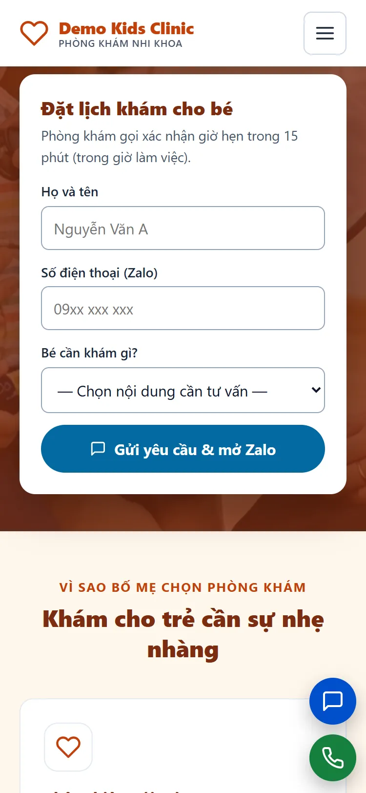 Landing page Phòng khám Nhi khoa – Form nhận yêu cầu (điện thoại)