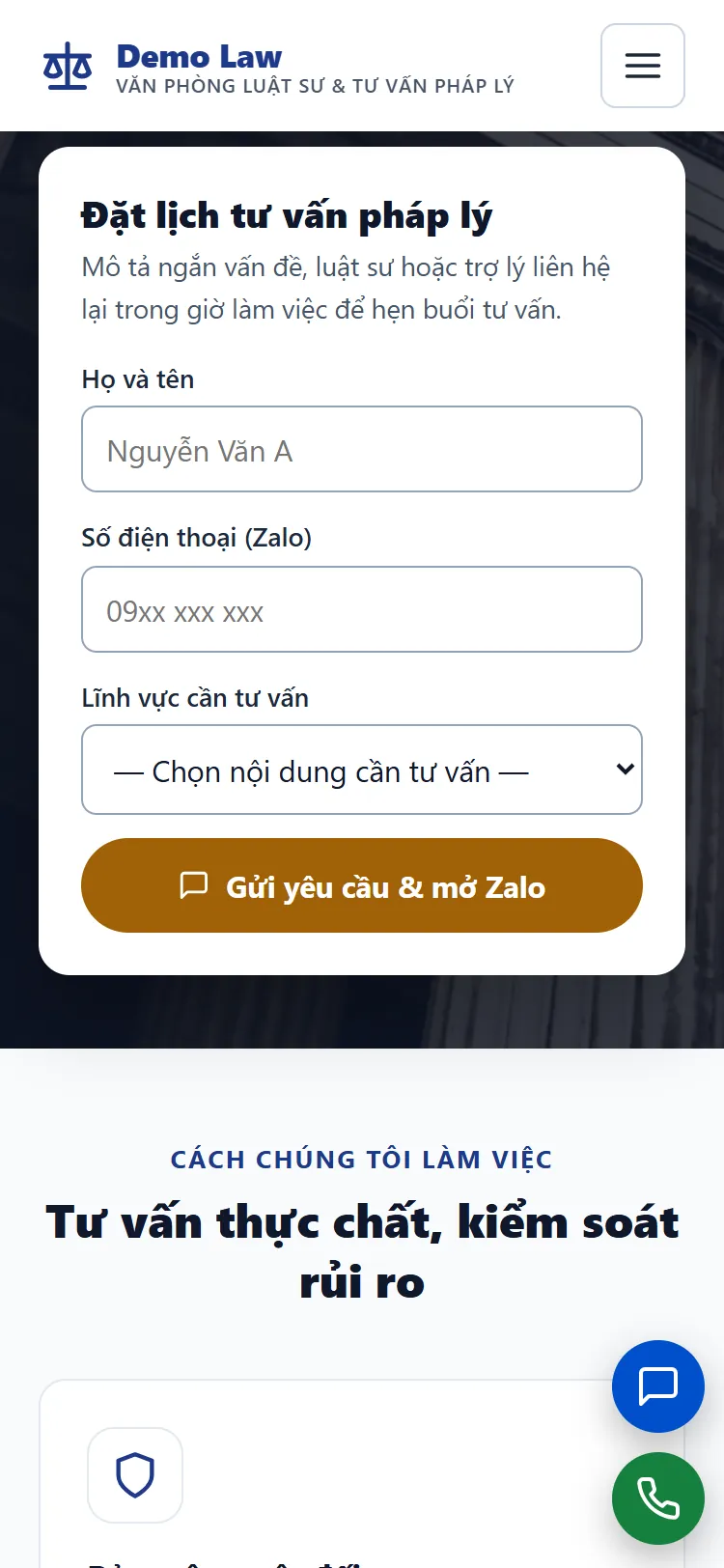 Landing page Văn phòng luật sư & Tư vấn pháp lý – Form nhận yêu cầu (điện thoại)