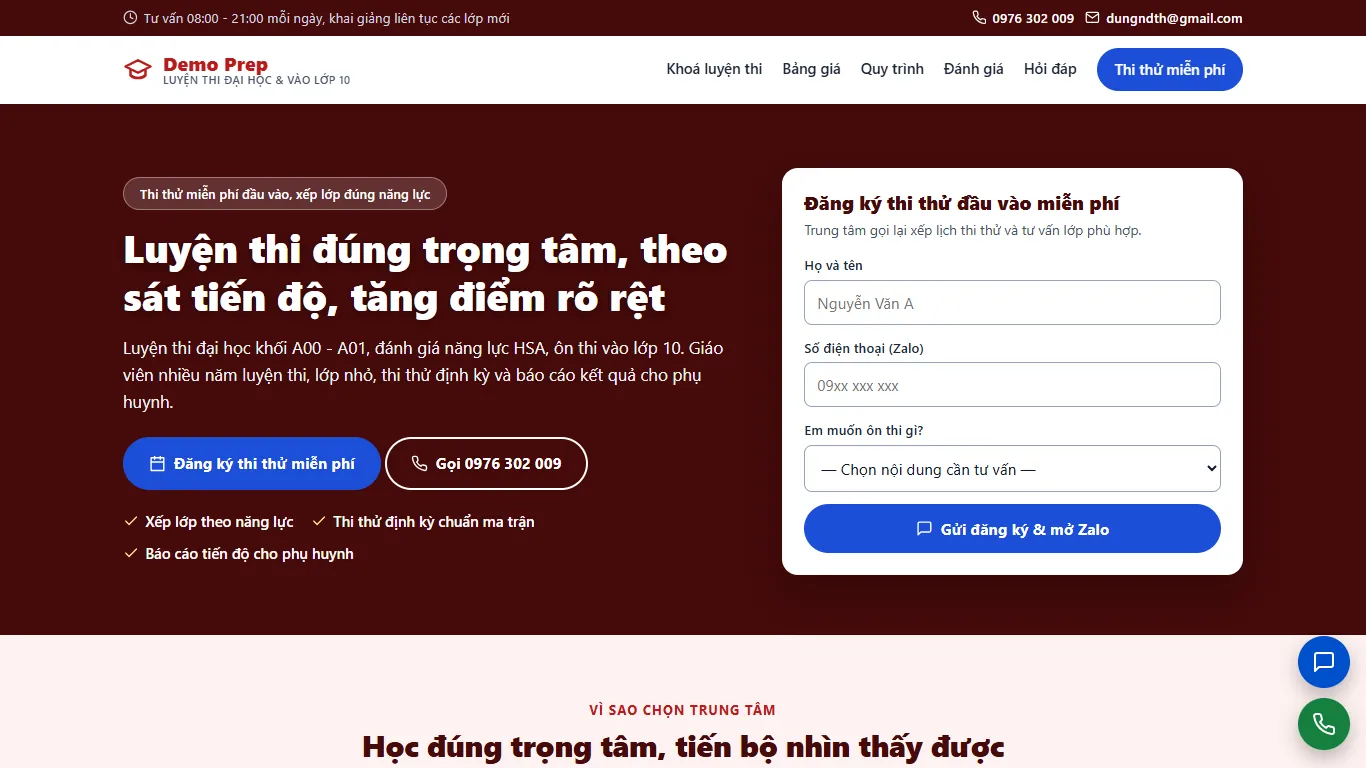 Ảnh chụp Landing page Luyện thi đại học & vào lớp 10