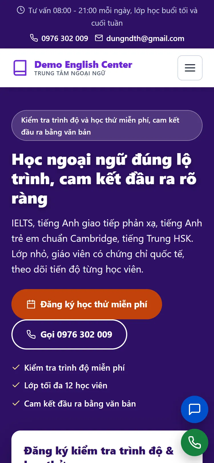 Landing page Trung tâm Ngoại ngữ – Trang chủ (điện thoại)