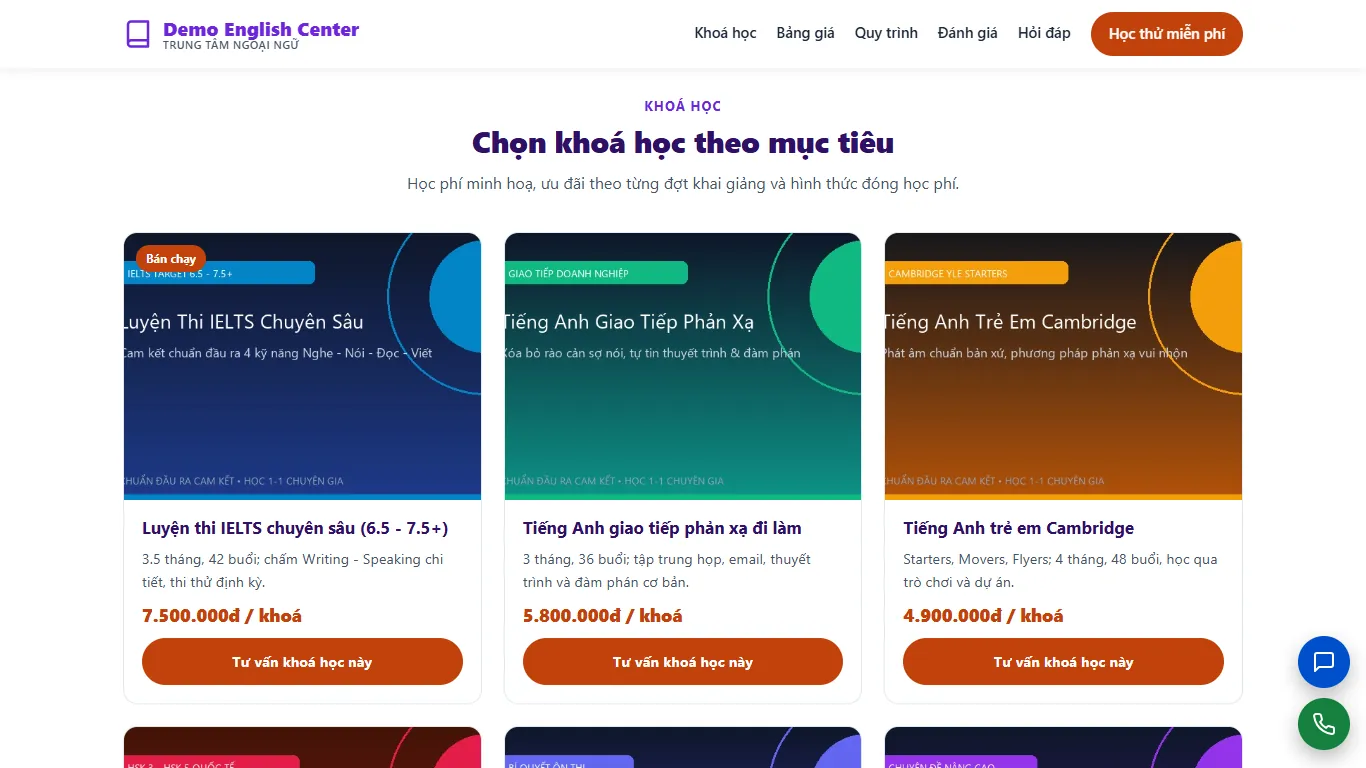Landing page Trung tâm Ngoại ngữ – Khối nội dung (máy tính)