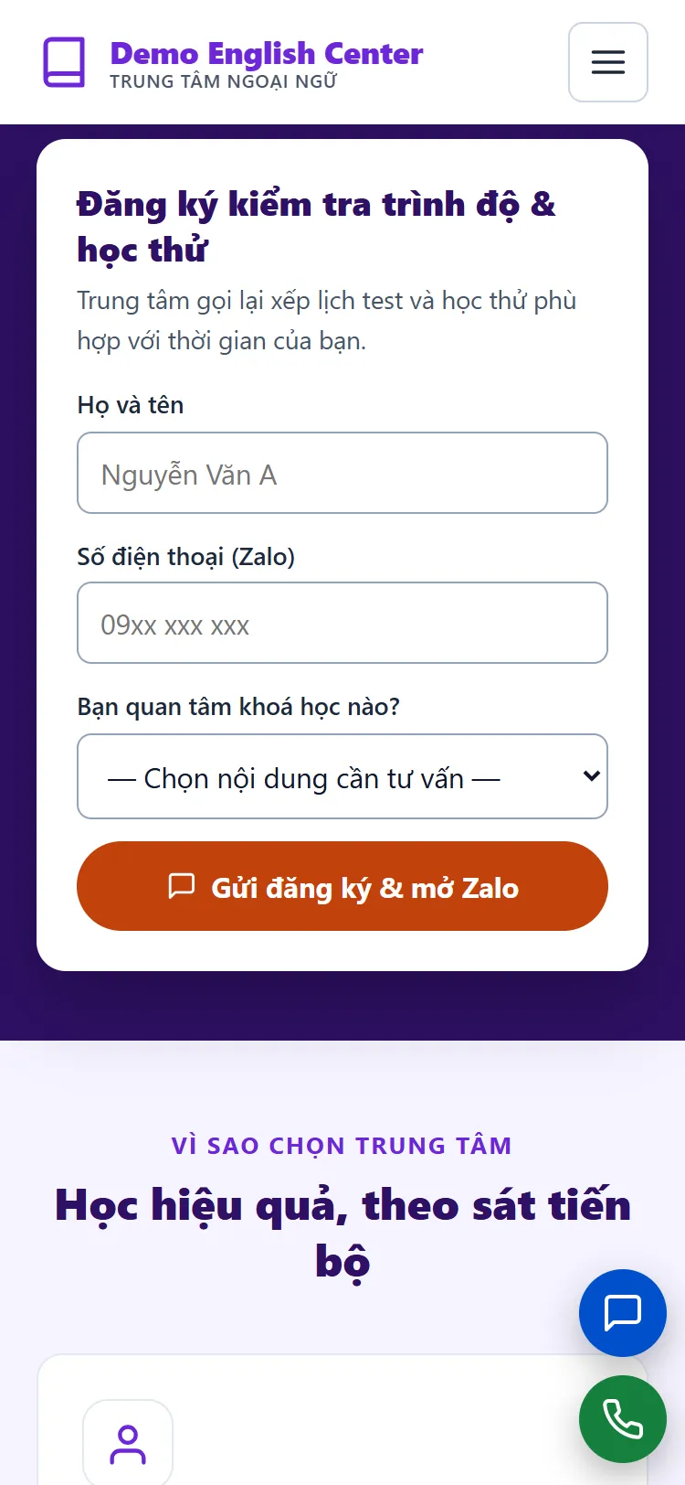 Landing page Trung tâm Ngoại ngữ – Form nhận yêu cầu (điện thoại)