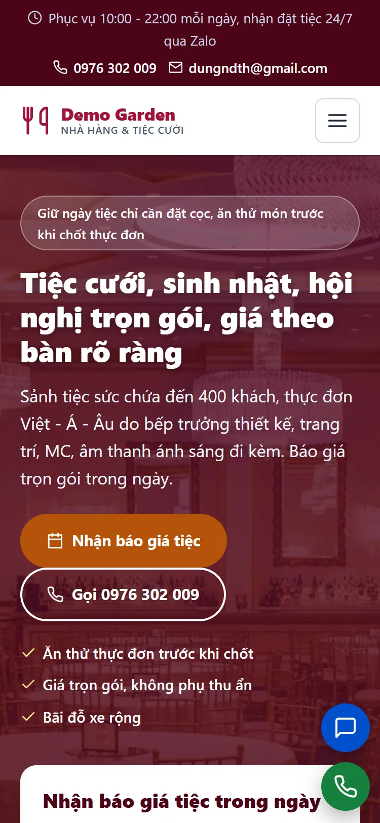 Landing page Nhà hàng & Tiệc cưới – Trang chủ (điện thoại)