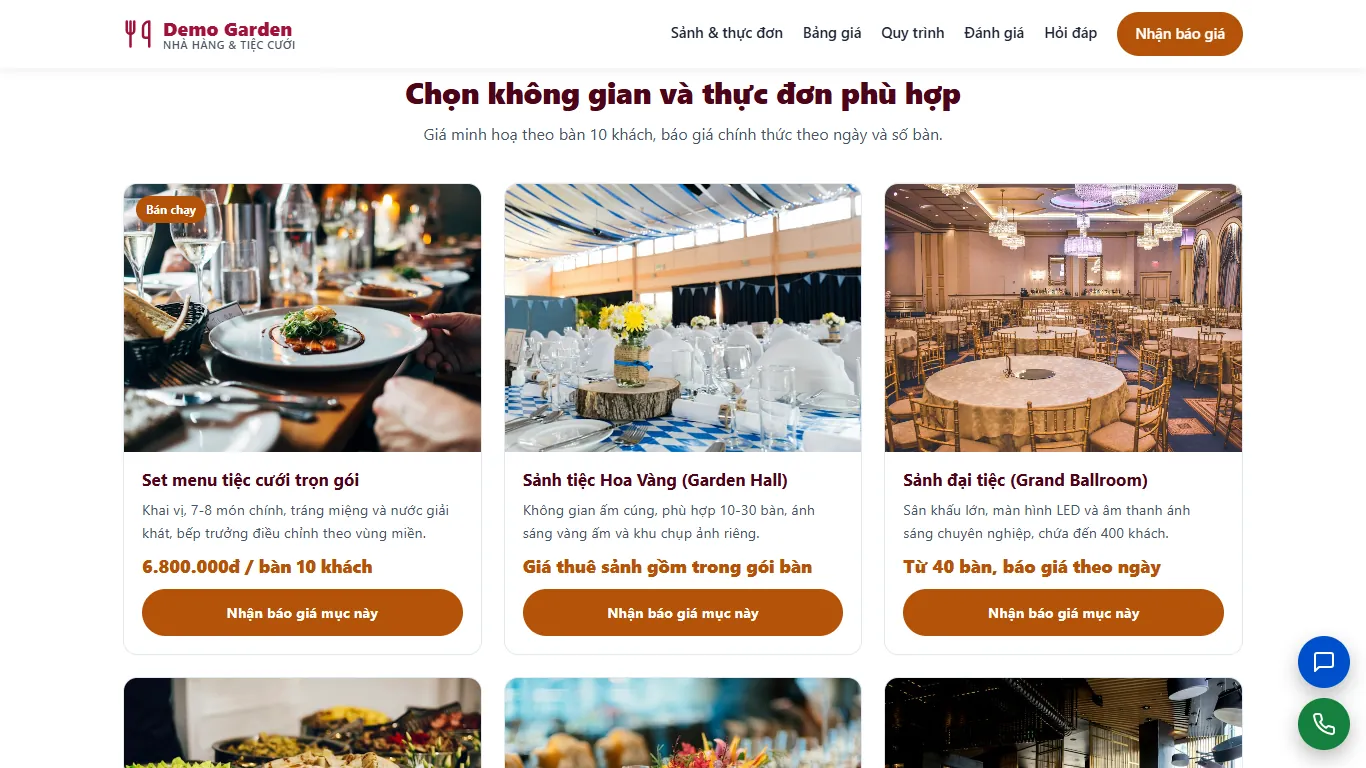 Landing page Nhà hàng & Tiệc cưới – Khối nội dung (máy tính)