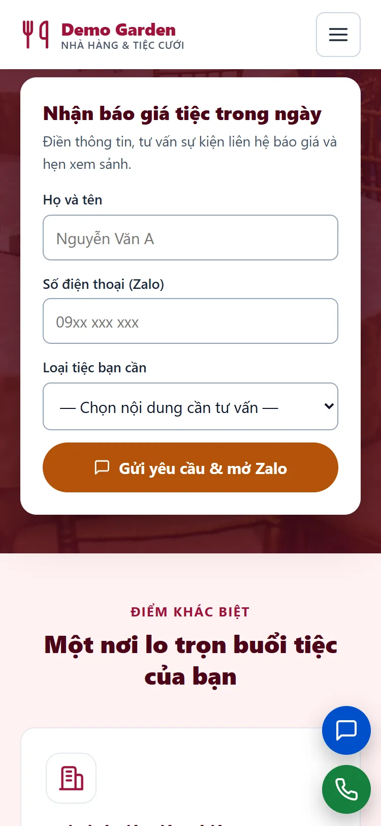 Landing page Nhà hàng & Tiệc cưới – Form nhận yêu cầu (điện thoại)
