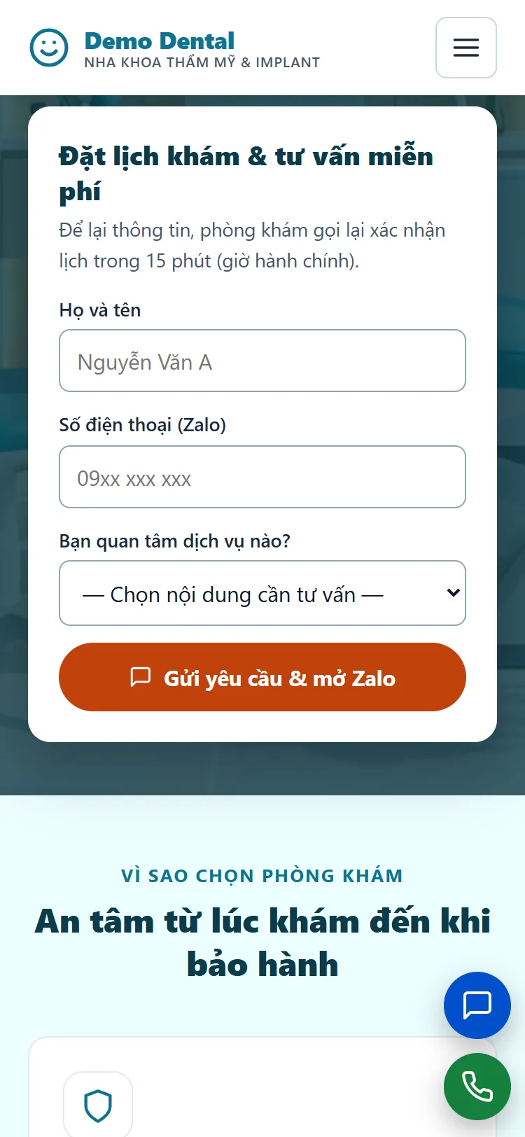 Landing page Nha khoa thẩm mỹ & Implant – Form nhận yêu cầu (điện thoại)