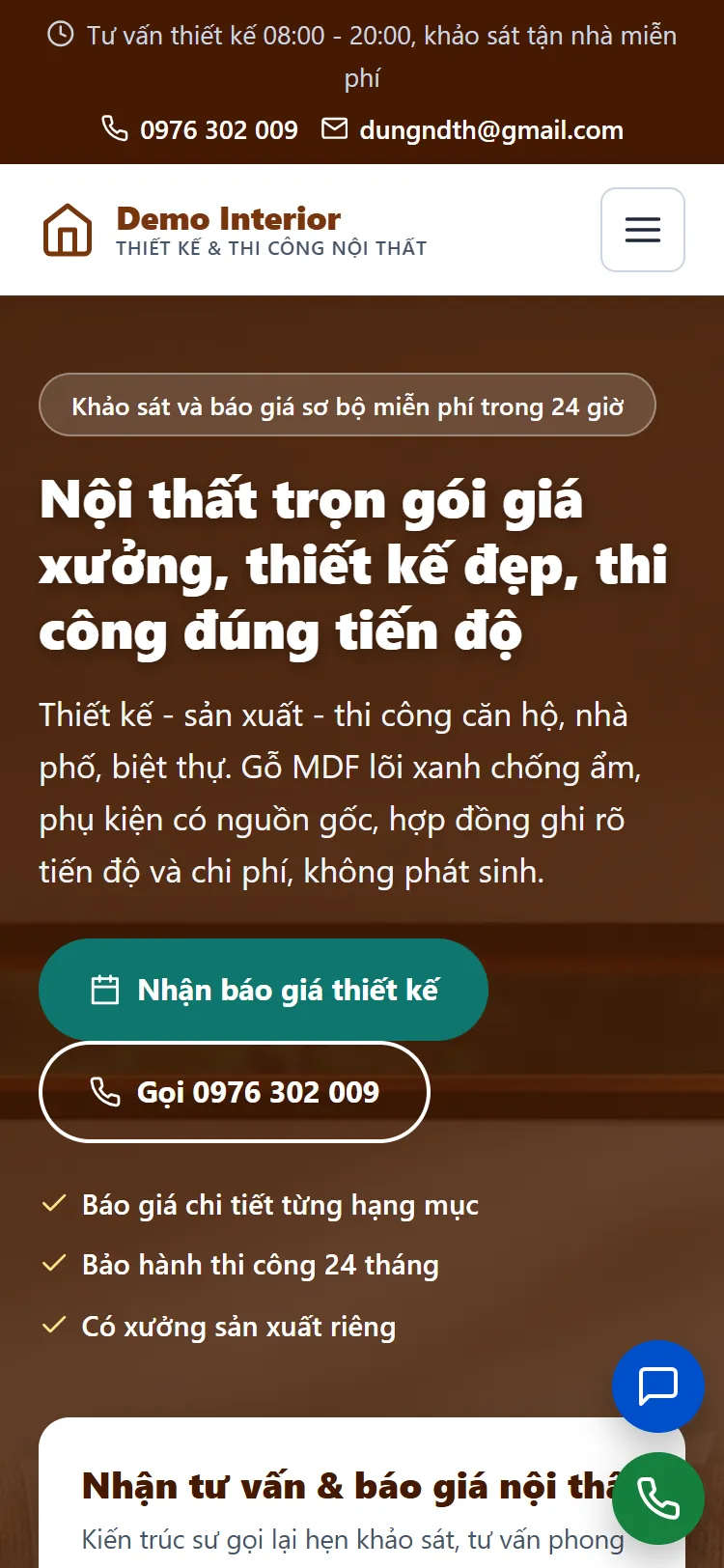 Landing page Thiết kế & Thi công nội thất – Trang chủ (điện thoại)