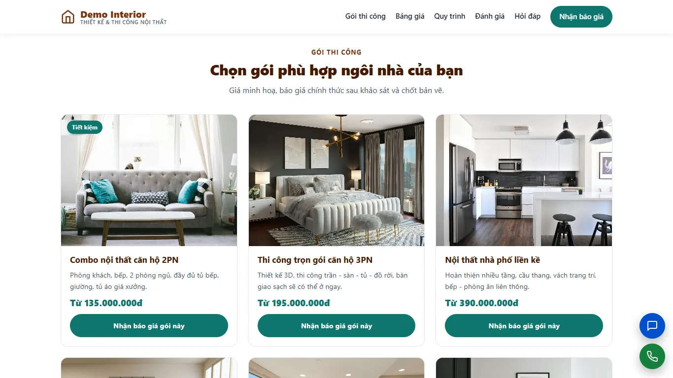 Landing page Thiết kế & Thi công nội thất – Khối nội dung (máy tính)