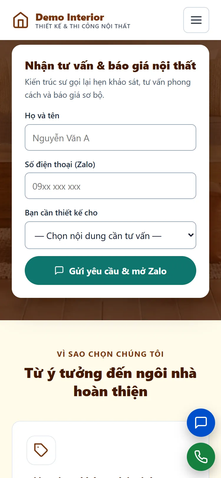 Landing page Thiết kế & Thi công nội thất – Form nhận yêu cầu (điện thoại)