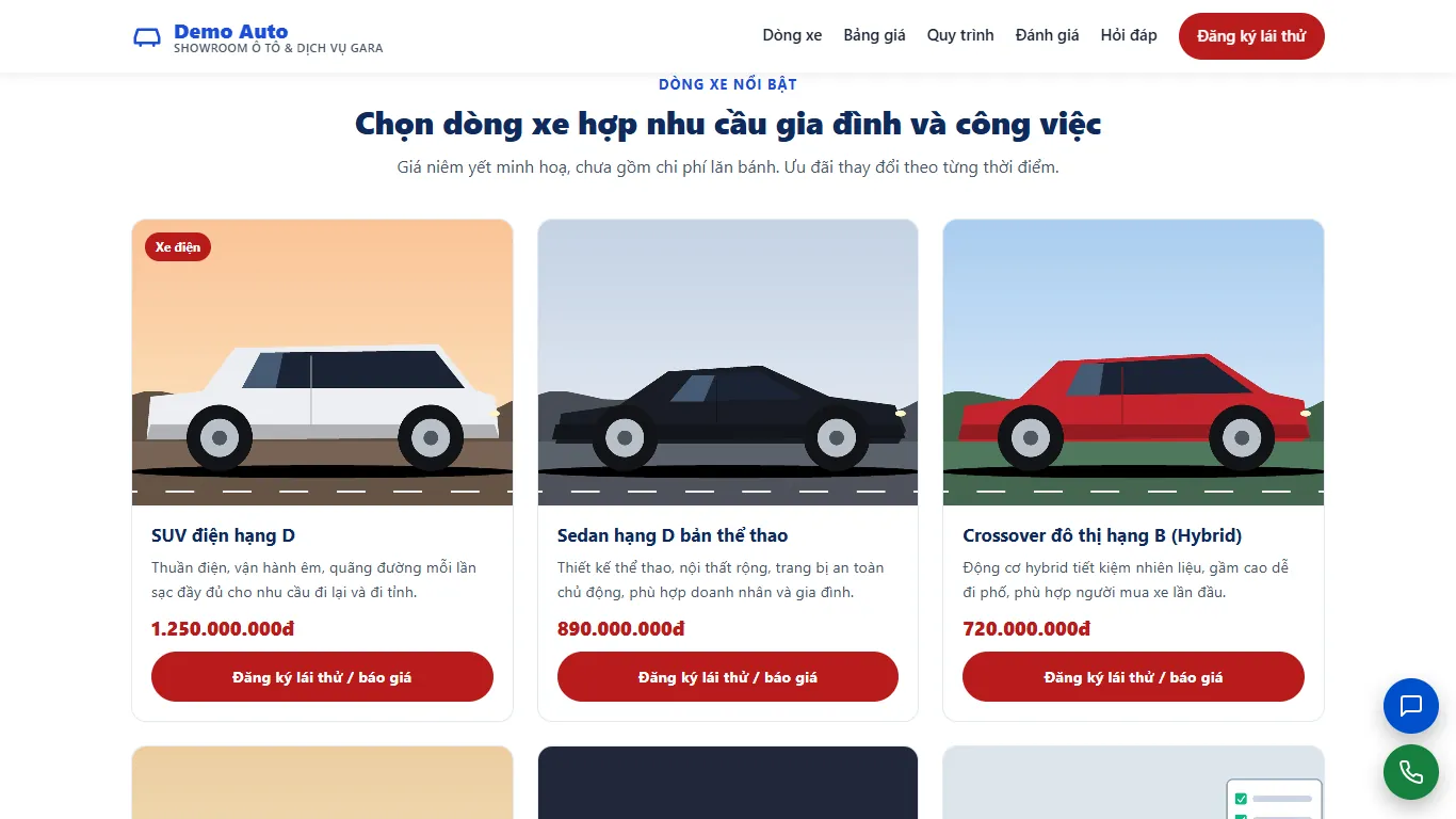 Landing page Showroom ô tô & Dịch vụ gara – Khối nội dung (máy tính)