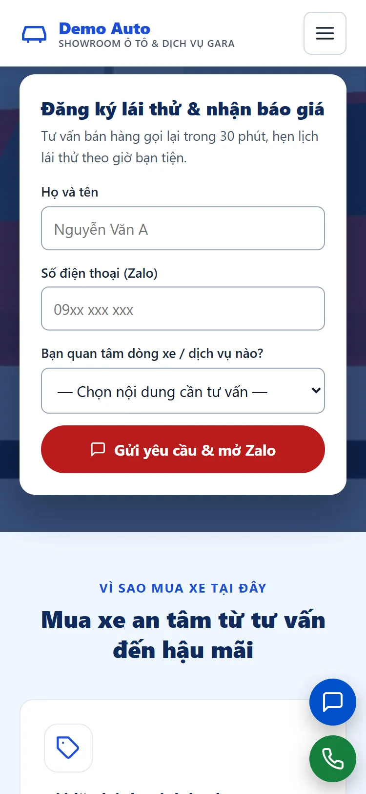 Landing page Showroom ô tô & Dịch vụ gara – Form nhận yêu cầu (điện thoại)