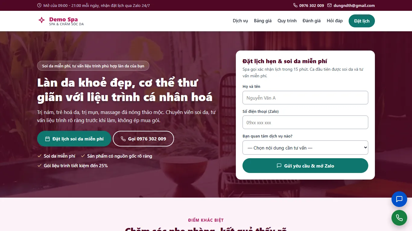 Ảnh chụp Landing page Spa & Chăm sóc da