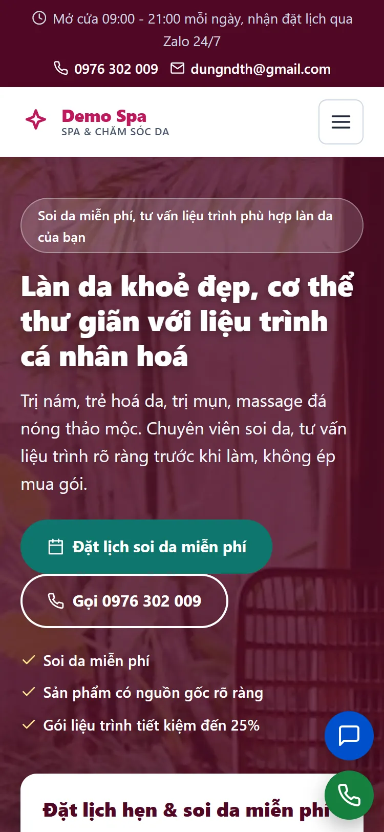 Landing page Spa & Chăm sóc da – Trang chủ (điện thoại)