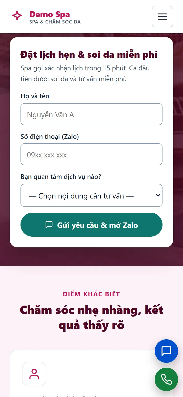 Landing page Spa & Chăm sóc da – Form nhận yêu cầu (điện thoại)