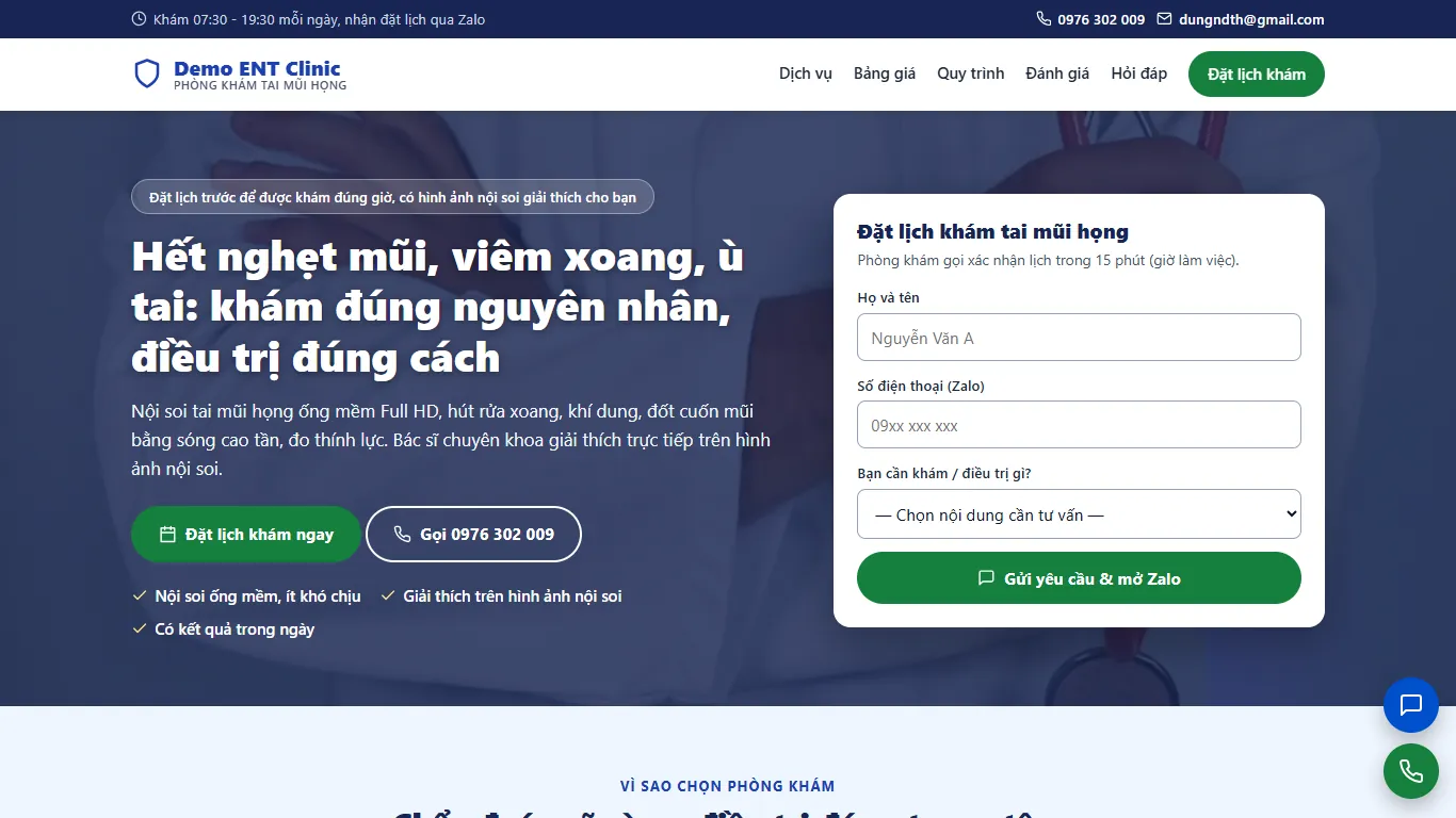 Ảnh chụp Landing page Phòng khám Tai Mũi Họng