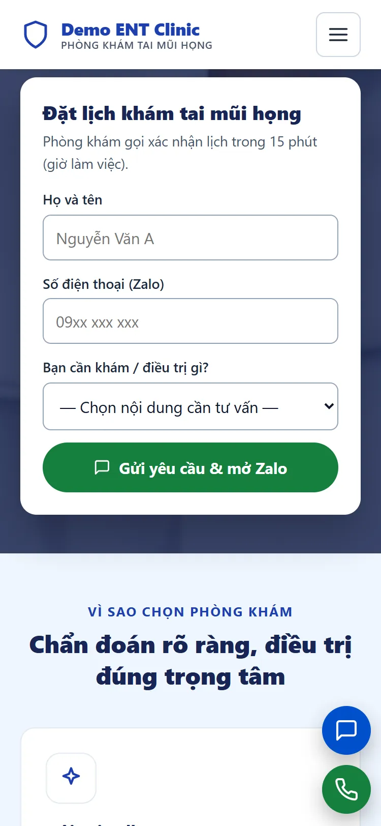 Landing page Phòng khám Tai Mũi Họng – Form nhận yêu cầu (điện thoại)
