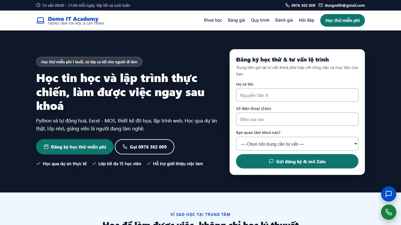 Ảnh chụp Landing page Trung tâm Tin học & Lập trình