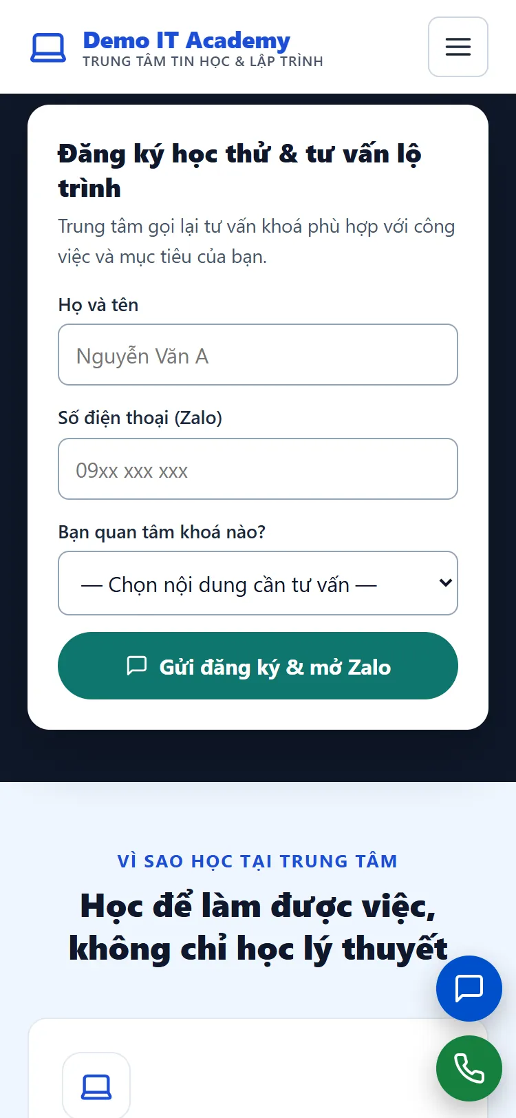 Landing page Trung tâm Tin học & Lập trình – Form nhận yêu cầu (điện thoại)