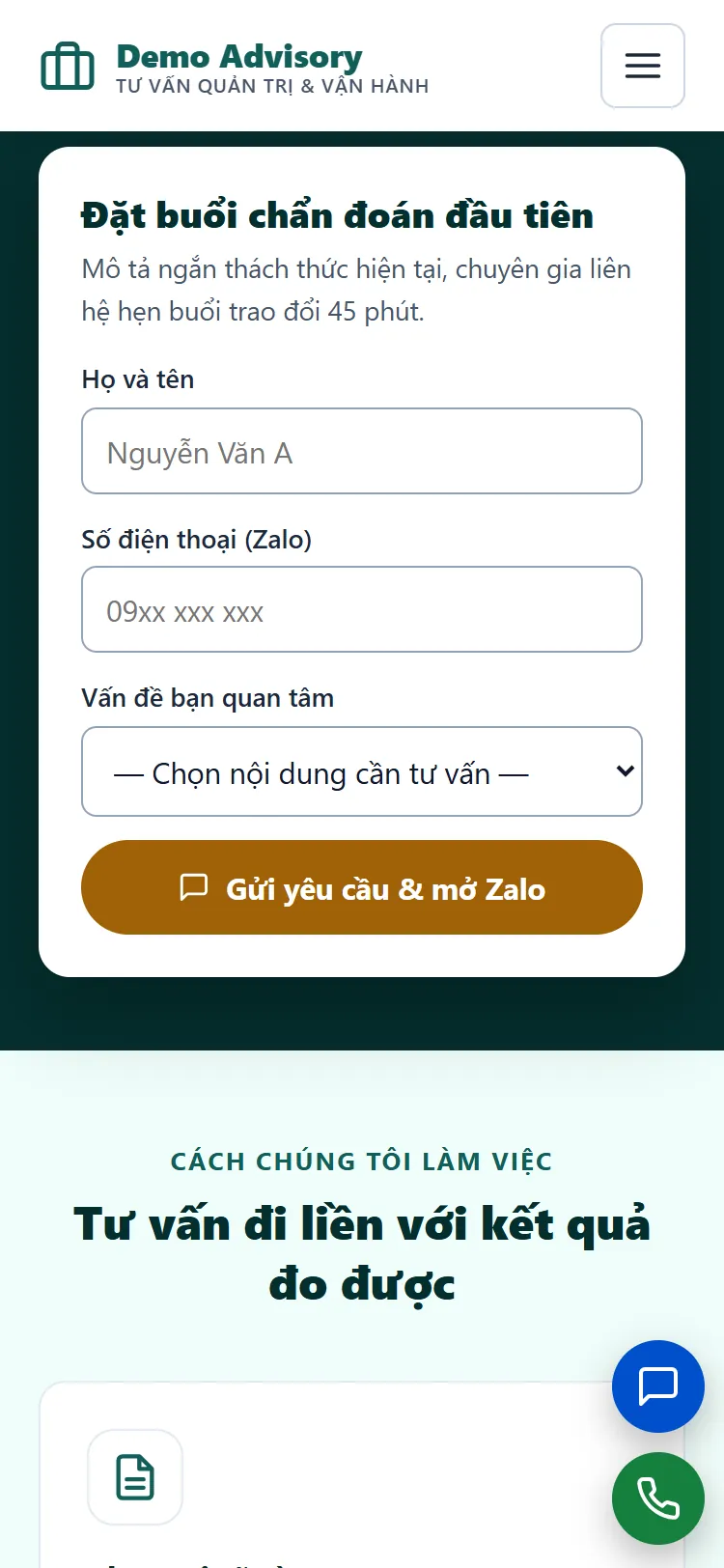 Landing page Tư vấn quản trị & vận hành – Form nhận yêu cầu (điện thoại)