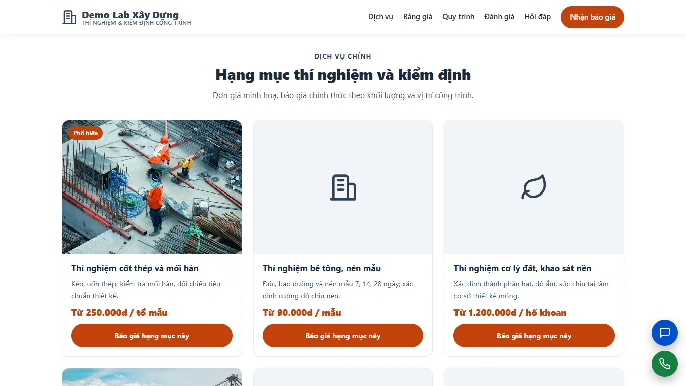 Landing page Thí nghiệm & Kiểm định xây dựng – Khối nội dung (máy tính)