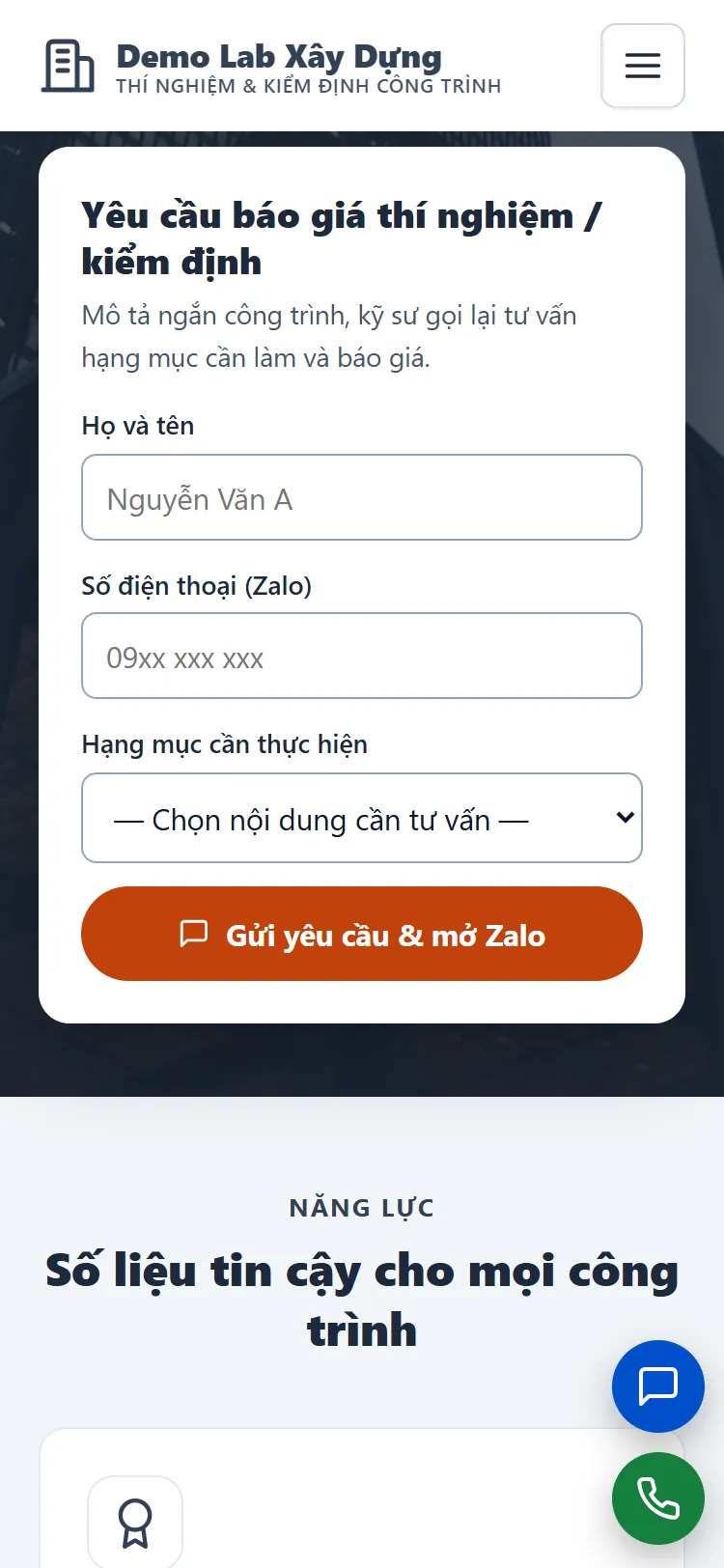 Landing page Thí nghiệm & Kiểm định xây dựng – Form nhận yêu cầu (điện thoại)
