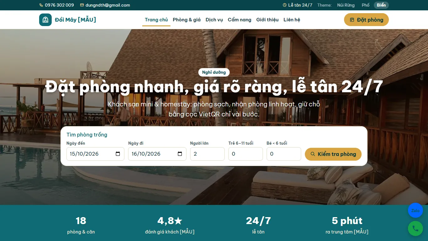 Web Khách sạn & Homestay – Giao diện thứ hai (máy tính)