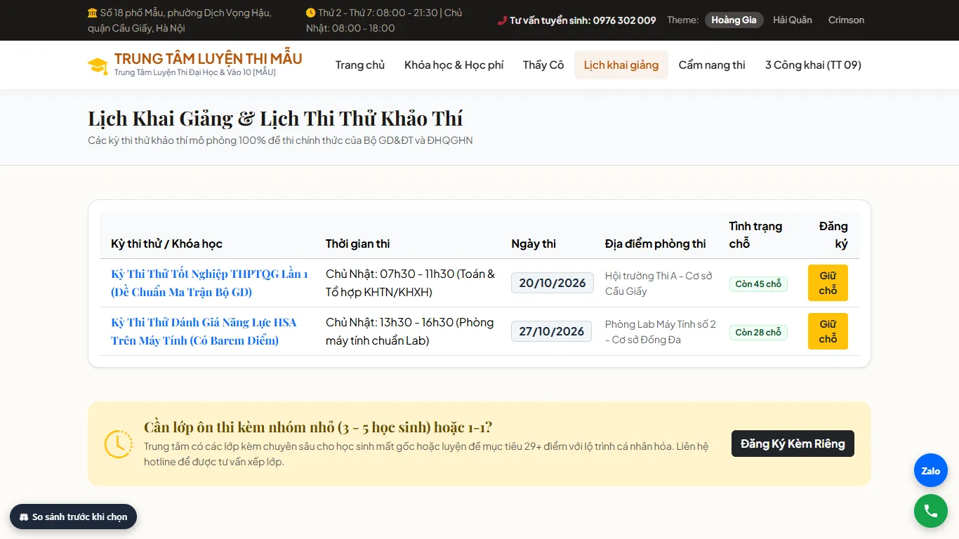 Web Luyện thi – Lịch khai giảng (máy tính)