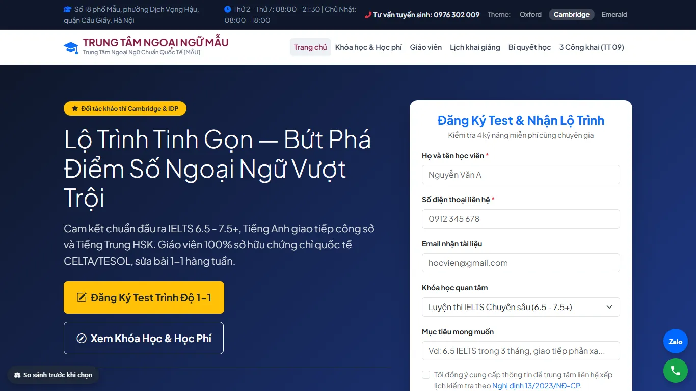 Web Trung tâm Ngoại ngữ – Giao diện thứ hai (máy tính)