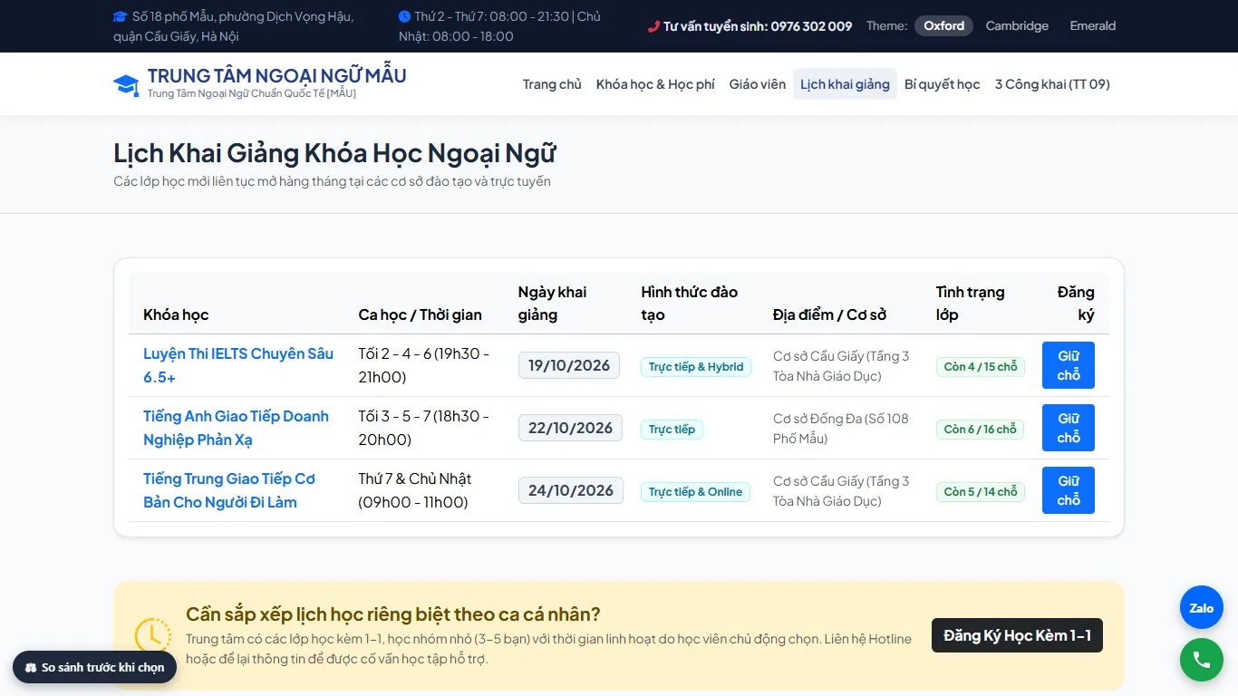 Web Trung tâm Ngoại ngữ – Lịch khai giảng (máy tính)