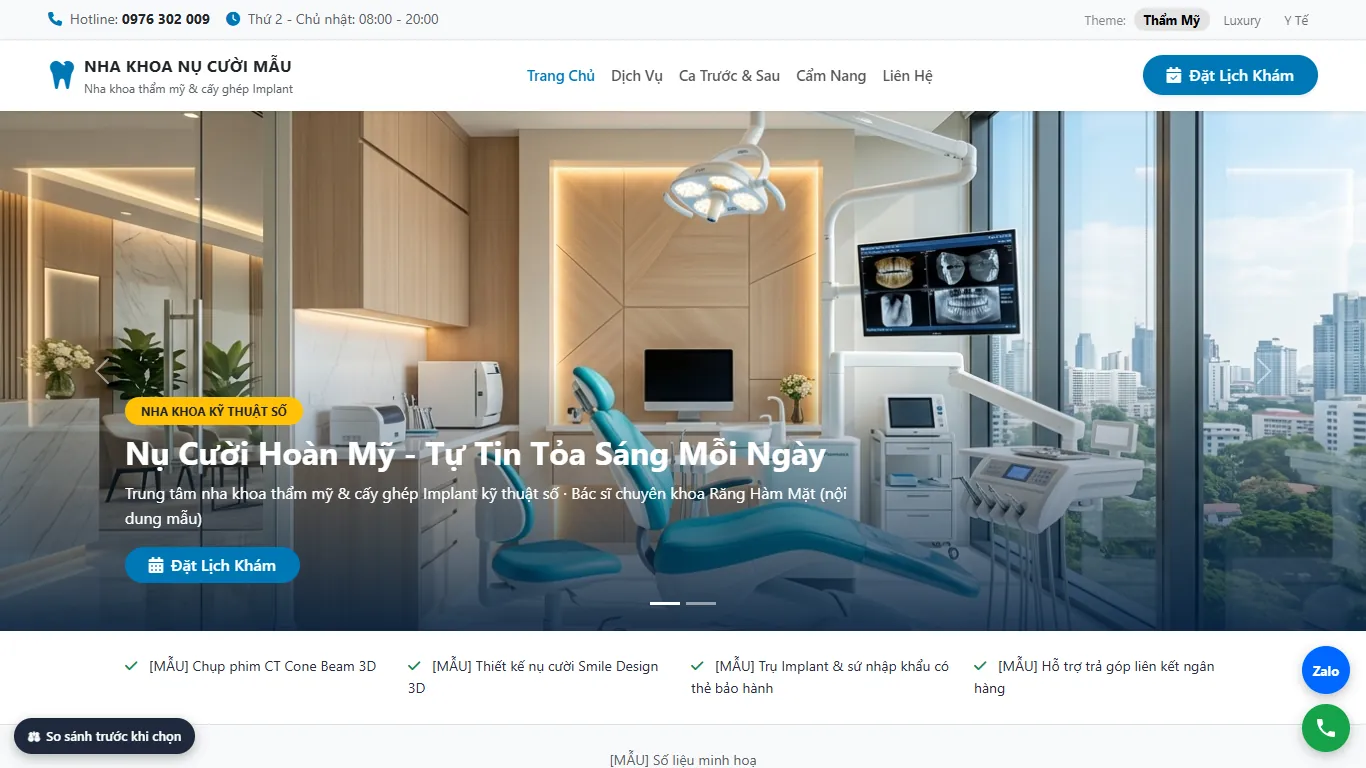 Ảnh chụp trang chủ một web mẫu ngành Nha khoa