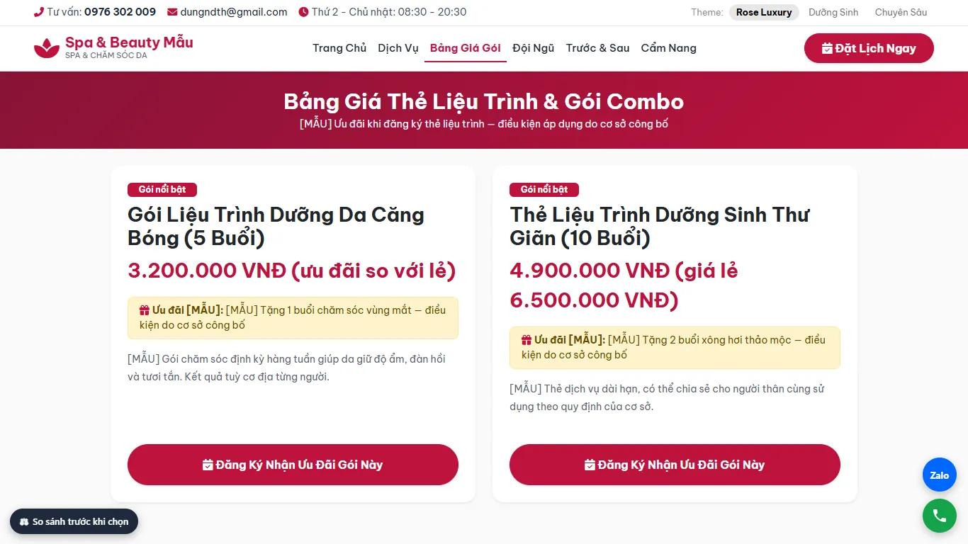 Web Spa & Thẩm mỹ – Bảng giá (máy tính)