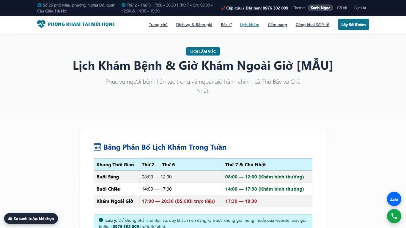 Web Phòng khám Tai Mũi Họng – Lịch khám (máy tính)